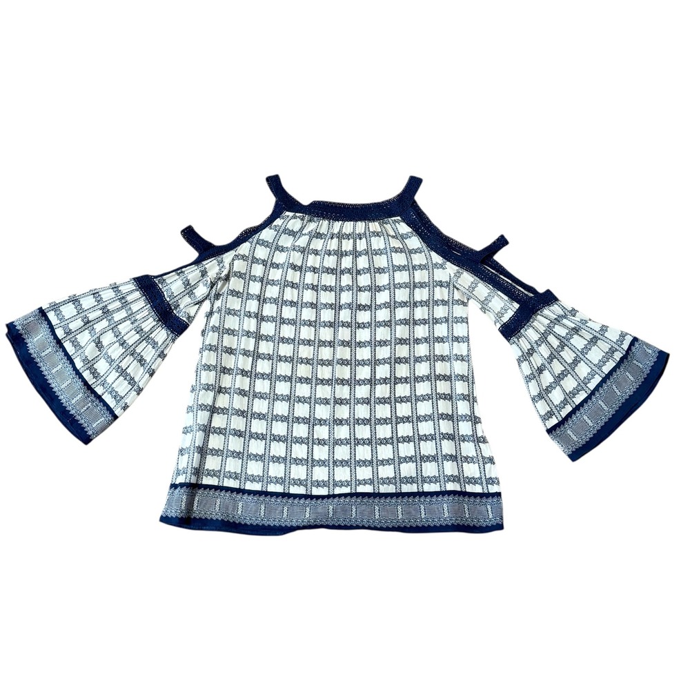 Max Studio Womens Sz-Medium Slit Sleeves Bell Sleeve Plaid Print‎ Crocheted Trim
